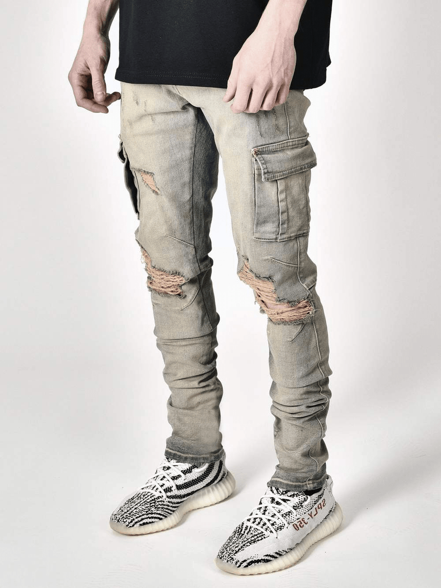 Raucohouse】Wrinkle washed cargo banding denim pants Border Raucohouse】Wrinkle washed cargo banding denim pants Border